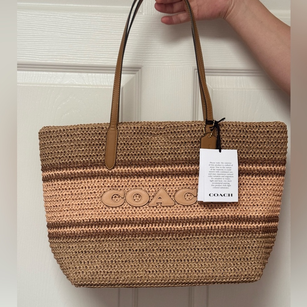NWT COACH Straw and smooth leather City Tote Bag CBG87 Im/Honey Brown Multi - Picture 7 of 11